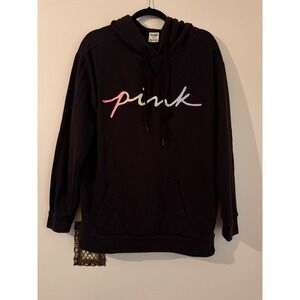 Victorias Secret PINK Hoodie Black Rainbow Script Logo Pullover Sweatshirt Med